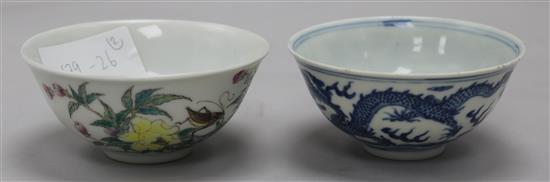 A Chinese blue and white dragon bowl and a Chinese famille rose crickets and flowers bowl, 9.2cm and 9.7cm
